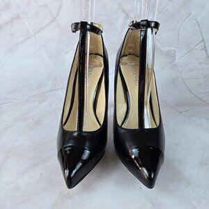 Nine West Sz 6.5M "Lavish" Black Leather T-Strap Stiletto Heels Hidden Platform